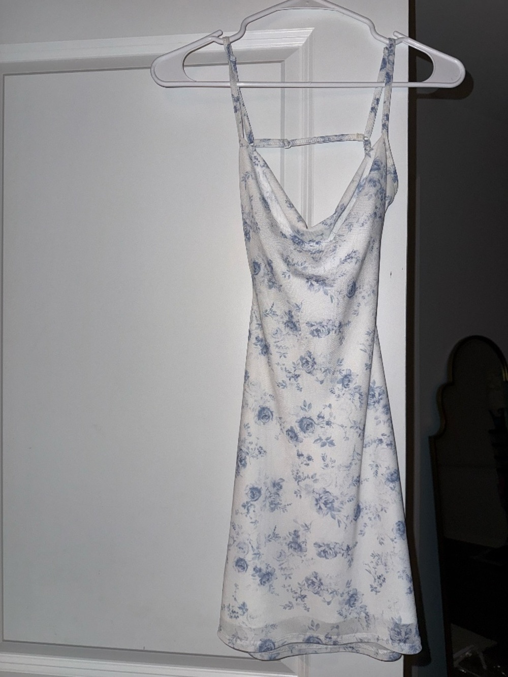 White & Blue Floral Satin Dress